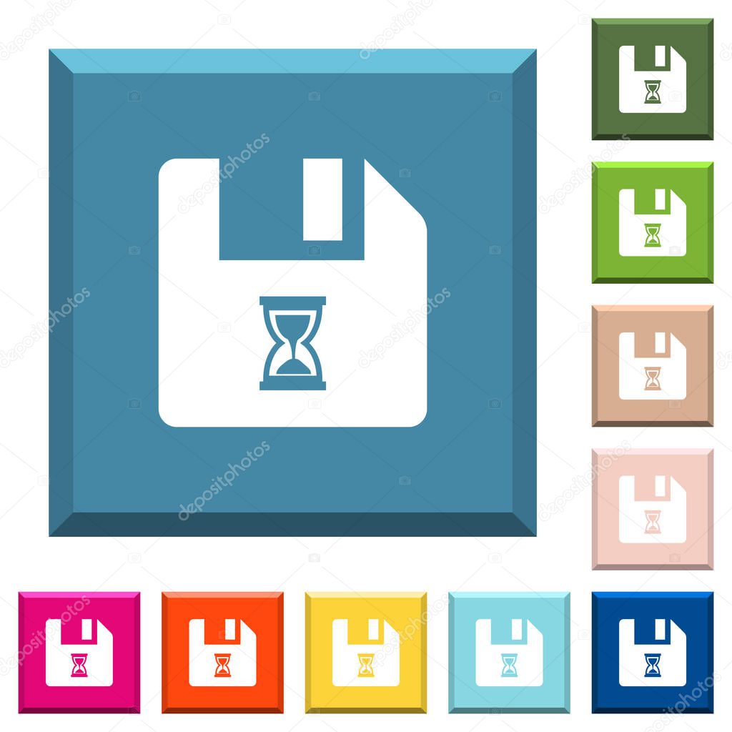 File waiting white icons on edged square buttons in various trendy colors