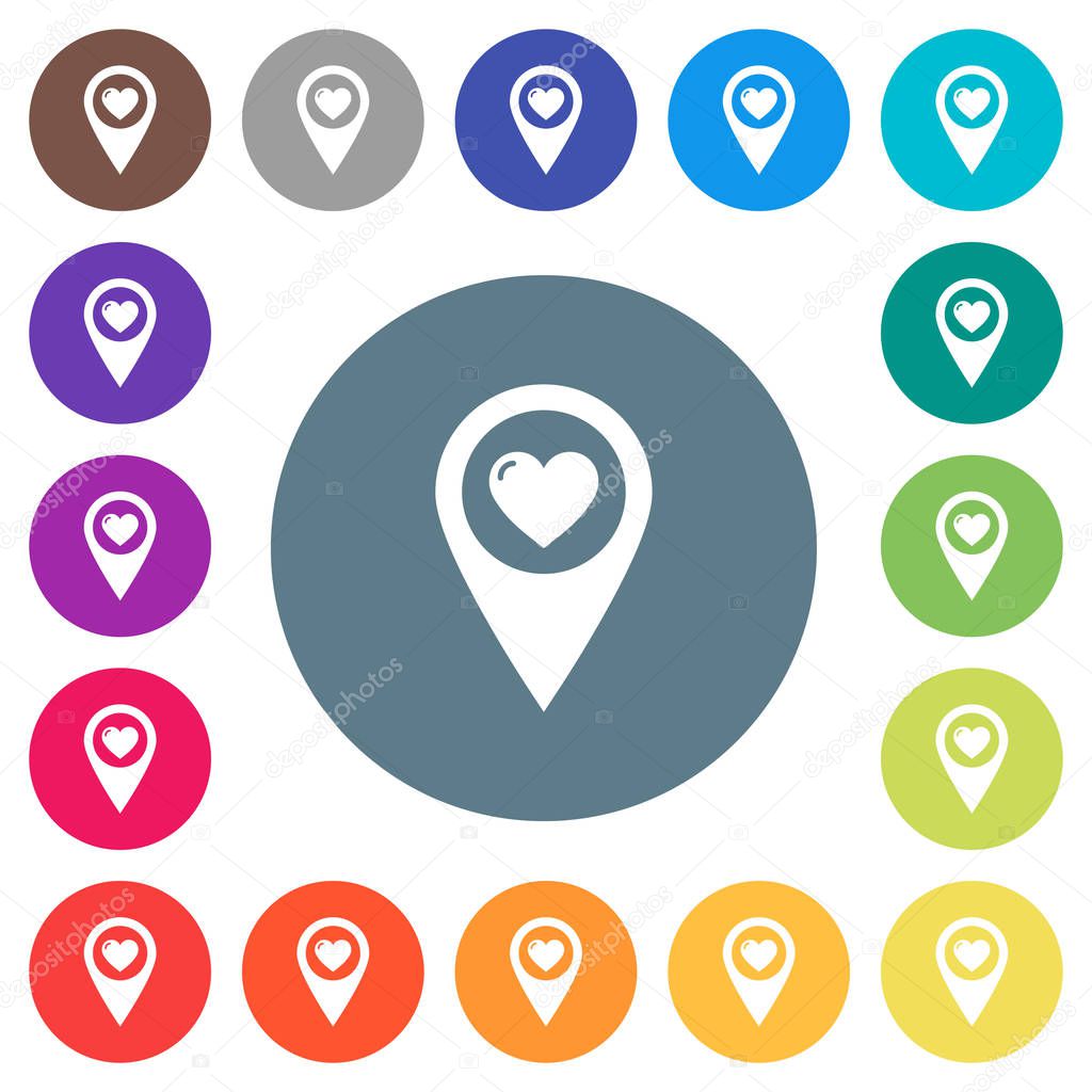 Favorite GPS map location flat white icons on round color backgrounds. 17 background color variations are included.