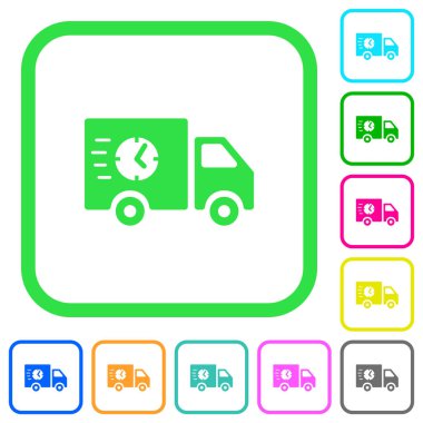 Hızlı teslimat kamyon beyaz arka plan üzerinde eğri sınırları içinde canlı renkli düz simgeler