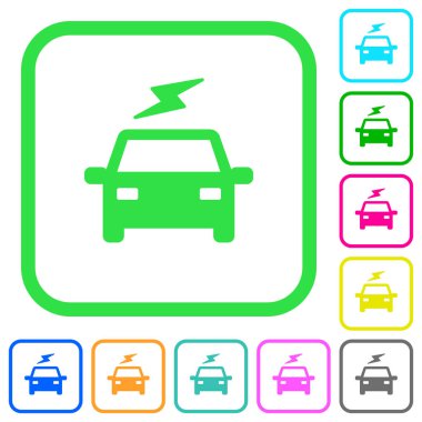 Beyaz arka plan üzerinde eğri sınırları içinde flash canlı renkli düz simgelerle elektrikli otomobil