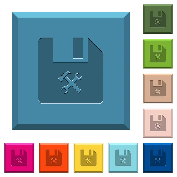 Outils Fichiers Icônes Gravées Sur Des Boutons Carrés Lisérés Différentes — Image vectorielle