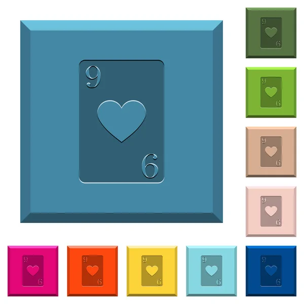 Nueve Los Corazones Tarjeta Iconos Grabados Borde Botones Cuadrados Varios — Vector de stock