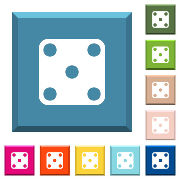 Domino five white icons on edged square buttons in various trendy colors