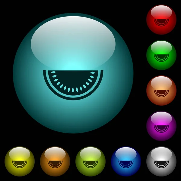 在黑色背景的彩色照明球形玻璃按钮的西瓜图标切片 可用于黑色或深色模板 — 图库矢量图片