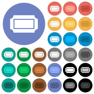 Delikli kenarları çok yuvarlak arka planlar üzerinde düz simgeler renkte ile bilet. Beyaz, açık ve koyu kutsal kişilerin resmi varyasyon vurgulu ve etkin durumu efektleri ve bonus tonları siyah backgounds tarih dahil.