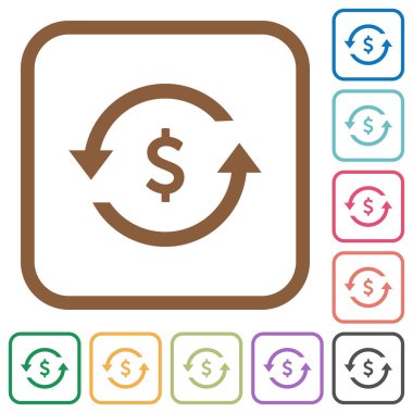 Kare kare beyaz arka plan üzerinde renkli basit simgeler yuvarlak doları geri ödeme