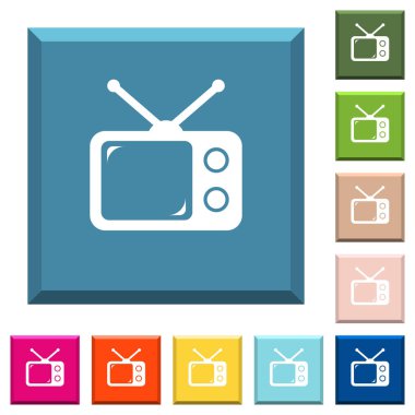Vintage retro televizyon beyaz simgeleri çeşitli moda renklerde ucu keskin kare düğmeleri
