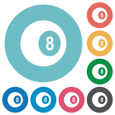 Yuvarlak renkli arka planlar üzerinde siyah sekiz bilardo topu düz beyaz simgeler