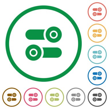 Açma/kapatma düğmelerini düz beyaz arka plan üzerinde yuvarlak özetliyor renk simgeleri