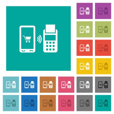 Mobil ödeme çok düz simgeler düz kare arka plan üzerinde renkli. Beyaz ve koyu kutsal kişilerin resmi varyasyon hover veya etkin efektleri dahil.