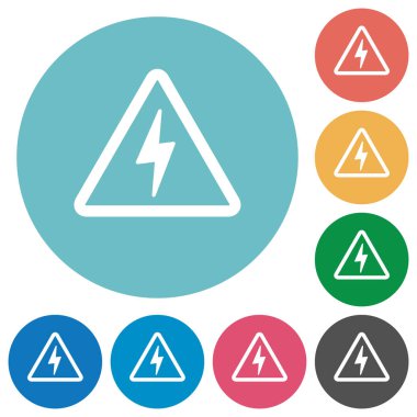 Tehlike elektrik tehlikesi düz beyaz simgeleri yuvarlak renkli arka planlar