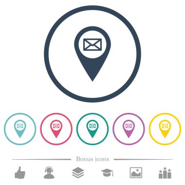 GPS harita konum yuvarlak Anahatlarda düz renk simgeleri e-posta olarak gönderin. 6 bonus simgeler dahil.