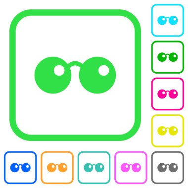 Beyaz arka plan üzerinde eğri sınırları içinde güneş gözlüğü canlı renkli düz simgeler