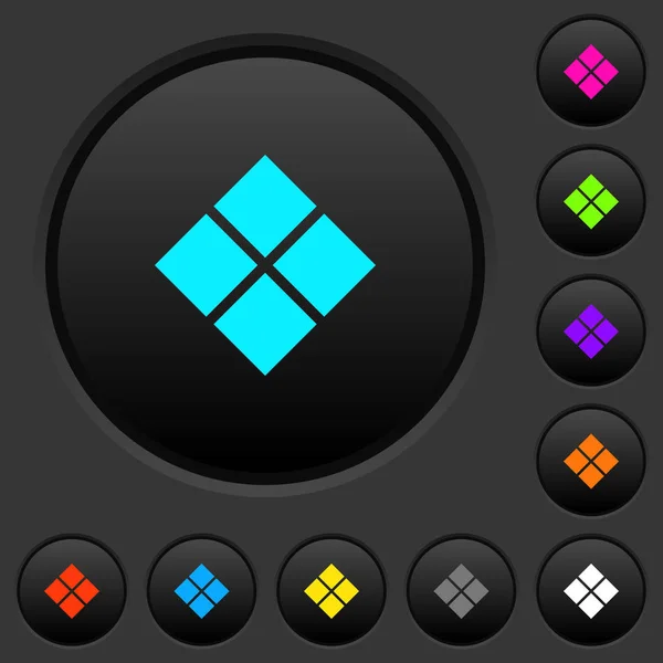 Diagonal tile pattern dark push buttons with vivid color icons on dark grey background