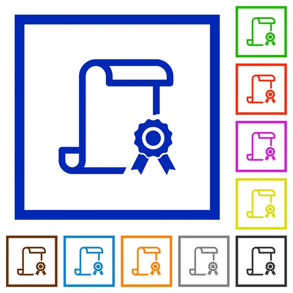 Bläddra Med Certifikat Rätt Platt Färgikoner Fyrkantiga Ramar Vit Bakgrund — Stock vektor