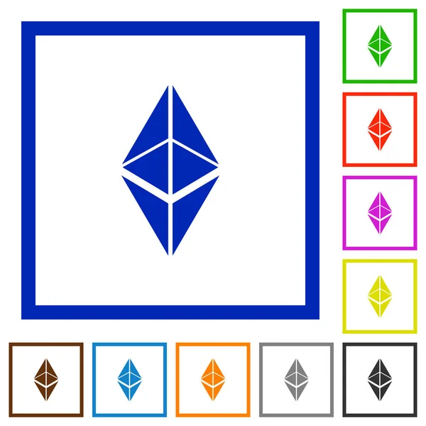 Ethereum Classico Digitale Criptovaluta Icone Colori Piatti Cornici Quadrate Sfondo — Vettoriale Stock