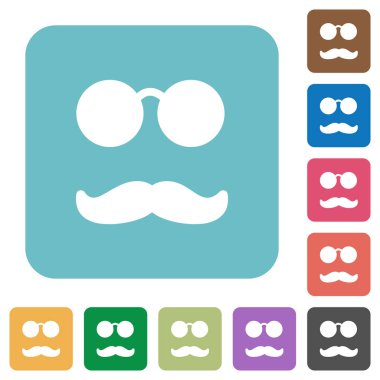 Gözlük ve bıyık beyaz düz simgeler renk üzerinde yuvarlak kare arka planlar