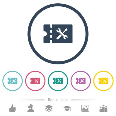 Atölye indirim kupon düz renk simgeleri ana hatları yuvarlak. 6 bonus simgeler dahil.