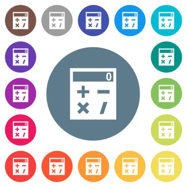 Cep hesap makinesine düz beyaz simgeleri yuvarlak renkli arka planlar. 17 arka plan renk değişimleri dahil.