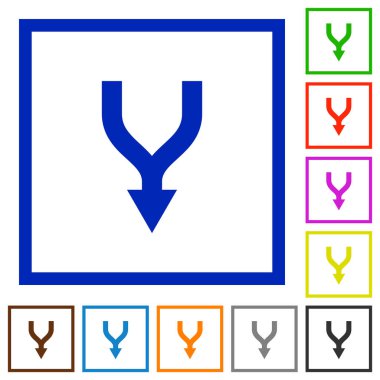 Kare kare beyaz arka plan üzerinde düz renk simgeleri aşağı okları birleştirme