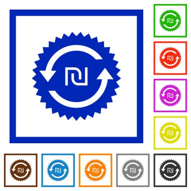 Geri yeni şekel ödeme garanti etiketi düz renk simgeleri beyaz arka plan üzerinde kare kare