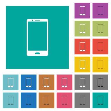 Modern cep telefonu ile tek bir düğmeye çok düz simgeler düz kare arka plan üzerinde renkli. Beyaz ve koyu kutsal kişilerin resmi varyasyon hover veya etkin efektleri dahil.