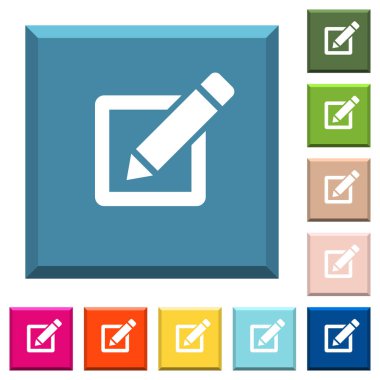 Beyaz kalem simgeleri çeşitli moda renklerde ucu keskin kare düğmeleri ile düzenleme kutusu