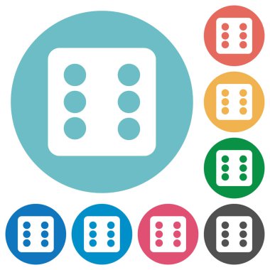 Altı düz beyaz simgeleri yuvarlak renkli arka planlar üzerinde zar