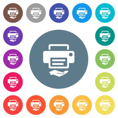 Düz beyaz yazıcı simgelerini yuvarlak renkli arka planlar üzerinde paylaşılan. 17 arka plan renk değişimleri dahil.