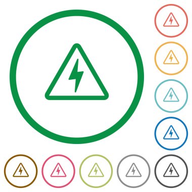 Tehlike elektrik tehlikesi düz renk simgeleri özetliyor beyaz arka plan üzerinde yuvarlak