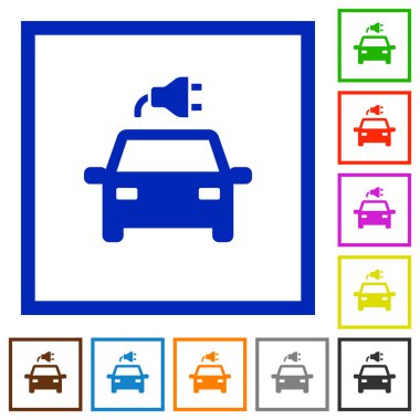 Kare kare beyaz arka plan üzerinde bağlayıcı düz renk simgeleri ile elektrikli otomobil