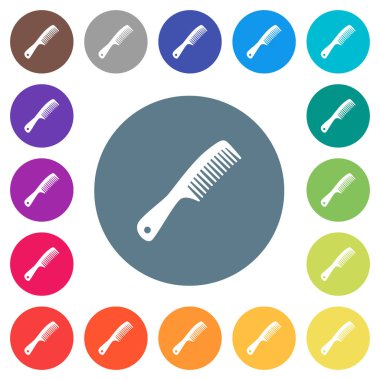 Yuvarlak renkli arka planlar üzerinde tanıtıcı düz beyaz simgelerle tarak. 17 arka plan renk değişimleri dahil.