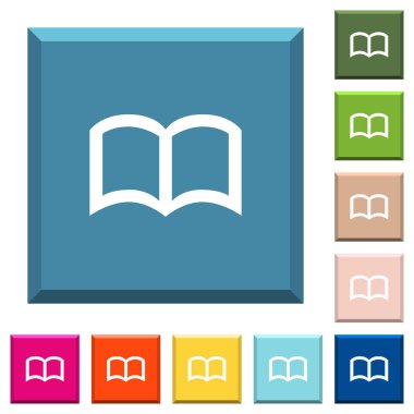 Açık kitap beyaz simgeleri çeşitli moda renklerde ucu keskin kare düğmeleri