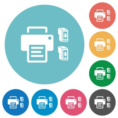 Yazıcı ve mürekkep kartuşları düz beyaz simgeleri yuvarlak renkli arka planlar