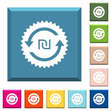 Geri yeni şekel ödeme garanti etiketi beyaz simgeleri çeşitli moda renklerde ucu keskin kare düğmeleri