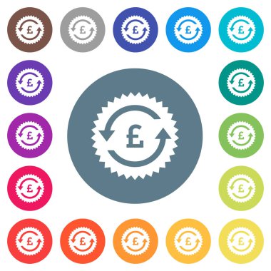 Geri pound ödeme garanti yuvarlak renkli arka planlar üzerinde etiket düz beyaz simgeler. 17 arka plan renk değişimleri dahil.