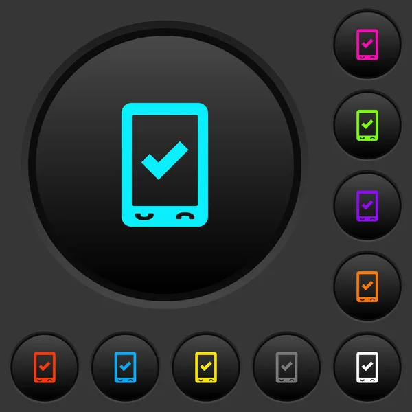 暗い灰色の背景に鮮やかな色のアイコンを持つモバイル 暗いプッシュ ボタン — ストックベクタ