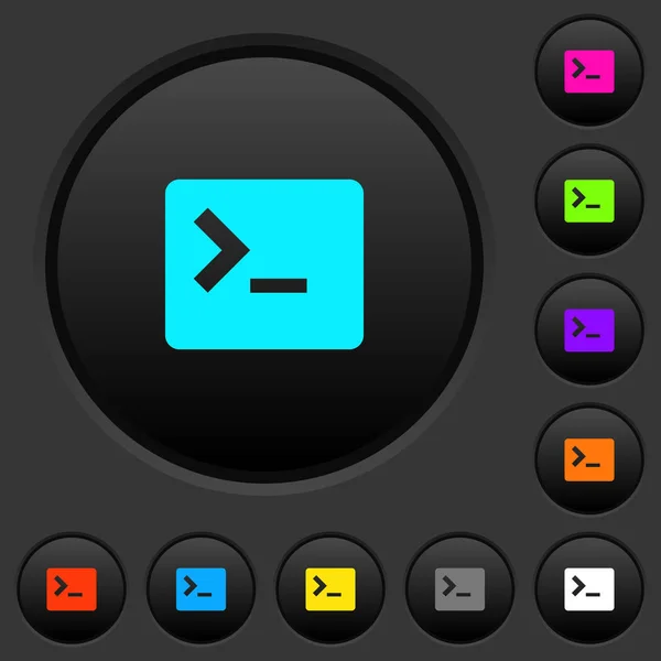 命令终端黑暗按钮与生动的颜色图标在深灰色背景 — 图库矢量图片