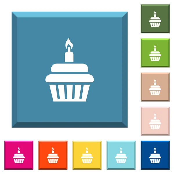 Verjaardag Cupcake Witte Pictogrammen Geslepen Vierkante Knoppen Verschillende Trendy Kleuren — Stockvector