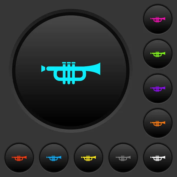 Trumpet Mörka Tryckknappar Med Levande Färgikoner Mörk Grå Bakgrund — Stock vektor
