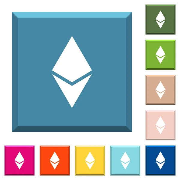 Ethereum Digitale Criptovaluta Icone Bianche Pulsanti Quadrati Bordati Vari Colori — Vettoriale Stock