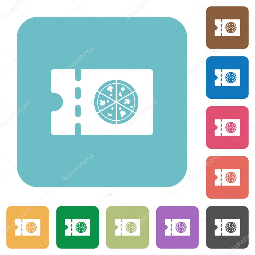Pizzeria discount coupon white flat icons on color rounded square backgrounds