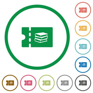 Kitapçı indirim kupon düz renk simgeleri özetliyor beyaz arka plan üzerinde yuvarlak