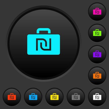 İsrail Yeni Şekeli çanta karanlık tuşlar koyu gri arka plan üzerinde canlı renkler simgelerle