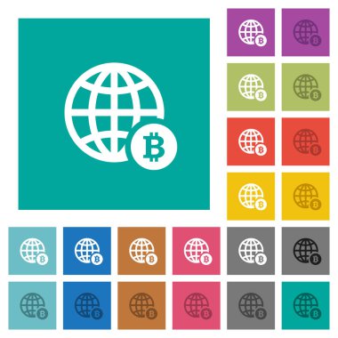 Çevrimiçi Bitcoin ödeme çok düz simgeler düz kare arka plan üzerinde renkli. Beyaz ve koyu kutsal kişilerin resmi varyasyon hover veya etkin efektleri dahil.