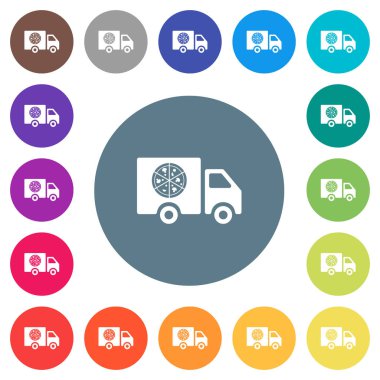 Yuvarlak pizza teslimat kamyonu düz beyaz simgeler üzerinde renkli arka planlar. 17 arka plan renk değişimleri dahil.