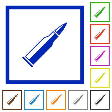 Kurşun tüfek cephane ile kare kare beyaz arka plan üzerinde parlak düz renk simgeleri