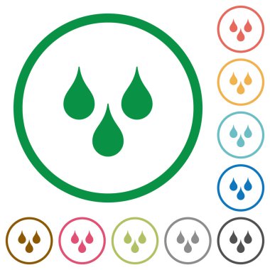 Beyaz arka plan üzerinde yuvarlak anahatlar olarak düz renk simgeleri su damlaları