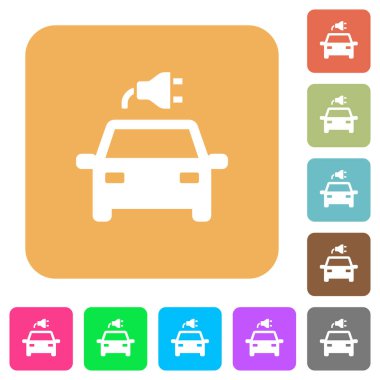 Yuvarlatılmış kare canlı renkli arka planlar üzerinde bağlayıcı düz simgelerle elektrikli otomobil.