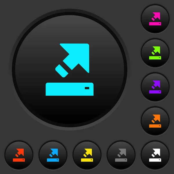 Export Dark Push Buttons Vivid Color Icons Dark Grey Background — Stock Vector